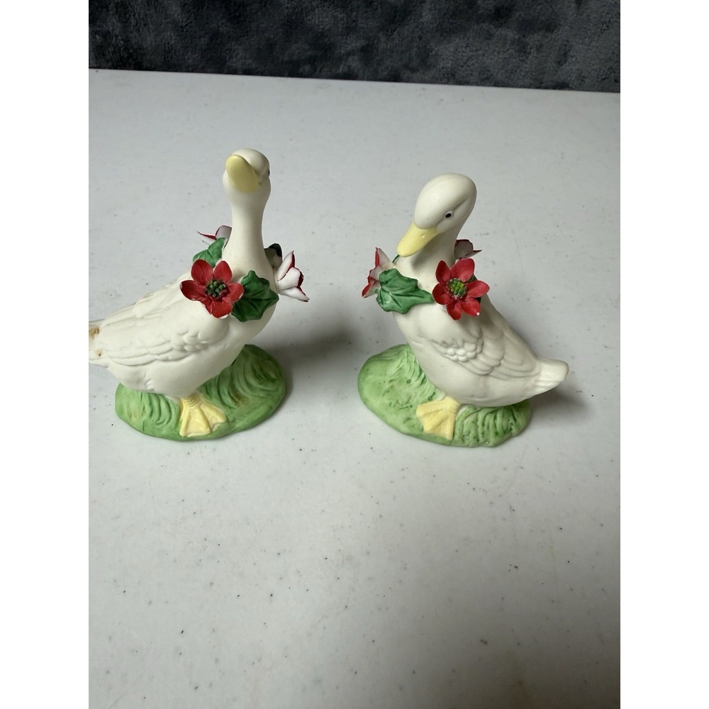 Vintage Enesco White Duck Figurines Pair with Floral Poinsettia Wreaths